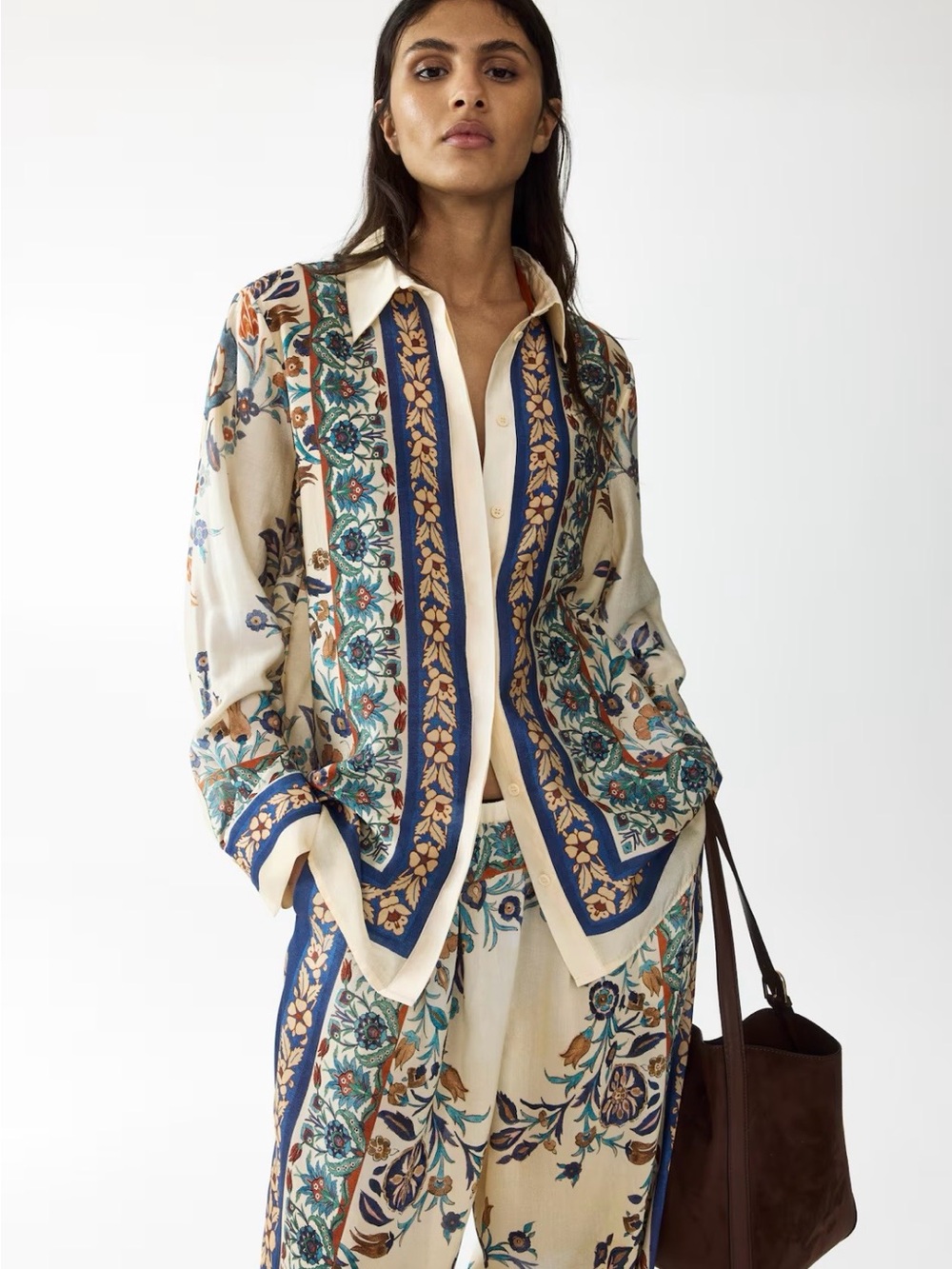 H&M Oversized printed Button Down Shirt For Women (Light beige/Floral) NWT M&L